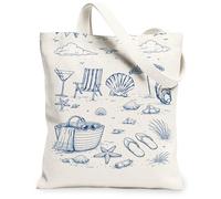 Borsa tote in tela a tema spiaggia, design vintage costiero, leggera, lavabile, riutilizzabile, per viaggi estivi, picnic, Beige, 13x15 Inch