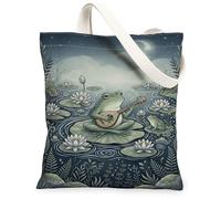 Borsa tote in tela anfibia da donna, con gigli fantasiosi con ninfee, verde estivo, lavabile, riutilizzabile, idea per viaggi, attività all'aperto, giornata lavorativa, lettura, 33 x 38 cm