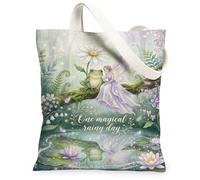 Borsa tote in tela anfibia da donna, fantasiosa fata, crisantemo, verde primavera, lavabile, riutilizzabile, idea per familiari, amici, colleghi, lettura di amori, 33 x 38 cm