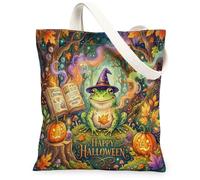 Borsa tote in tela anfibia, fantasiosa zucche festive, foglie di Halloween, borsa per la spesa verde, 33 x 38 cm