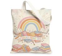 Borsa tote in tela arcobaleno per donne, fantasiosi libri giocosi stelle primavera pastello lavabile riutilizzabile borsa della spesa per shopping, brunch parco, biblioteca, gite di un giorno, 33 x 38