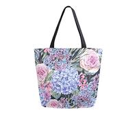 Borsa tote in tela Borsa a tracolla vintage floreale blu ortensia donna da spiaggia rose lilla fiori di campo borsa a tracolla grande riutilizzabile leggera per la spesa viaggi di generi alimentari