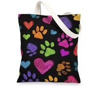 Borsa tote in tela colorata, con divertente stampa di cuori e zampe, borse per la spesa riutilizzabili, leggere e lavabili, per palestra, viaggi, spiaggia, picnic, 33 x 38 cm