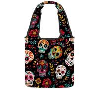 Borsa tote in tela colorata con teschi del giorno dei morti, motivo scarabocchiare, borsa media per libri, riutilizzabile, per donne, insegnanti, infermiere, Multicolore 01, 14.1x14.9in/36x38cm