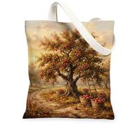 Borsa tote in tela con albero dei frutti, rustica artistica mele scala, piccola, 33 x 38 cm