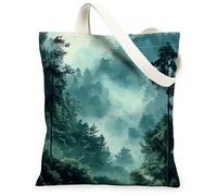 Borsa tote in tela con albero della foresta primaverile, per lo shopping, 33 x 38 cm, foresta nebbiosa paesaggistica, paesaggio naturale, borsa della spesa riutilizzabile, decorazione regalo