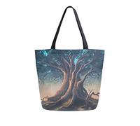 Borsa tote in tela con albero delle fate nella foresta mistica Borsa a tracolla casual da donna Borsa della spesa grande riutilizzabile