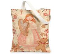 Borsa tote in tela con angelo natalizio, riutilizzabile, design con arpa, vintage, leggera, lavabile, per viaggi, picnic, 33 x 38 cm