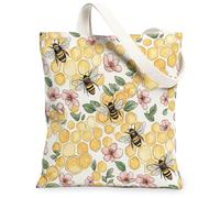 Borsa tote in tela con api da donna, primavera natura a nido d'ape fiore primavera giallo lavabile riutilizzabile borse tote per tutti i giorni per Shoppi, Giallo, 13x15 Inch