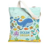 Borsa tote in tela con balena, da donna, estiva, giocoso polipo, pesce, estate, blu, lavabile, riutilizzabile, estetica, idea per familiari, amici, colleghi, lettura di amori, 33 x 38 cm