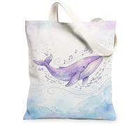 Borsa tote in tela con balena, da donna, motivo oceano, fantasioso, note musicali, pesce, estate, viola, lavabile, riutilizzabile, estetica, idea per familiari, amici, colleghi, lettura di amori, 33 x