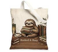 Borsa tote in tela con bradipo da donna, accogliente, fantasiosa, con stampa di caffè, marrone, lavabile, riutilizzabile, per shopping, brunch, parco, biblioteca, gite di un giorno, 33 x 38 cm