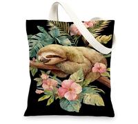 Borsa tote in tela con bradipo tropicale, design floreale vintage, riutilizzabili, con tracolla leggera e lavabile, per spiaggia, viaggi, picnic, 33 x 38 cm