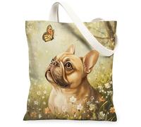 Borsa tote in tela con bulldog francese primaverile per lo shopping 13 x 15, divertente borsa della spesa riutilizzabile con farfalle per donne, decorazione regalo con motivo da viaggio per animali