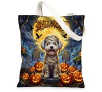 Borsa tote in tela con cane Bichon Frise, per lo shopping, 33 x 38 cm, borsa a tracolla riutilizzabile per cimitero per le vacanze, borsa a tracolla per donne, decorazione regalo con zucche dipinte
