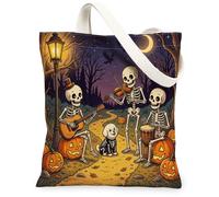 Borsa tote in tela con cane Bichon Frise, per lo shopping, 33 x 38 cm, con scheletro per le vacanze, riutilizzabile, borsa a tracolla per donne, decorazione regalo con zucche dipinte