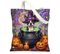 Borsa tote in tela con cane Boston Terrier per lo shopping, 33 x 38, calderone per le vacanze, borsa a tracolla riutilizzabile per donne, pittura di streghe, decorazione regalo