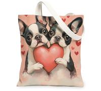 Borsa tote in tela con cane Boston Terrier per lo shopping, 33 x 38 cm, borsa della spesa riutilizzabile per San Valentino con cuore carino per donne, decorazione regalo con motivo da viaggio per