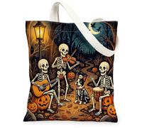 Borsa tote in tela con cane Boston Terrier per lo shopping, 33 x 38 cm, con scheletro per le vacanze, riutilizzabile, borsa a tracolla per donne, decorazione regalo con pittura di zucche