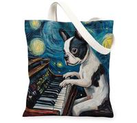 Borsa tote in tela con cane Boston Terrier per lo shopping, 33 x 38 cm, motivo: pianoforte notturno con stelle, borsa della spesa riutilizzabile per donne, cuccioli, lavoro, viaggi, decorazione regalo