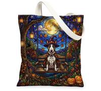 Borsa tote in tela con cane Bull Terrier per lo shopping 13 x 15, borsa a tracolla riutilizzabile per la spesa per le donne, decorazione regalo con pittura di streghe