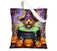 Borsa tote in tela con cane Cockapoo di Halloween, per lo shopping, 33 x 38 cm, calderone per le vacanze, riutilizzabile, alla moda, borsa per la spesa da donna, regalo da viaggio per lavoro e streghe
