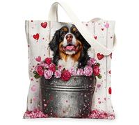 Borsa tote in tela con cane da montagna del Bernese per lo shopping, 33 x 38 cm, per San Valentino, motivo rose in legno, borsa a tracolla riutilizzabile per donne, pittura per animali domestici