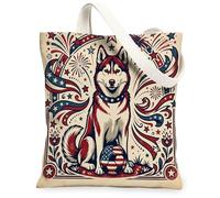 Borsa tote in tela con cane husky da calcio, per lo shopping, 33 x 38 cm, borsa della spesa riutilizzabile vintage da donna, motivo viaggio 4 luglio, decorazione regalo