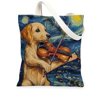 Borsa tote in tela con cane Labrador Retriever per lo shopping, 33 x 38 cm, con stelle notturne e violino riutilizzabile, borsa a tracolla per donne, cuccioli, decorazione regalo