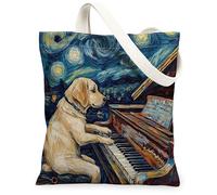 Borsa tote in tela con cane Labrador Retriever per lo shopping, 33 x 38 cm, motivo: pianoforte notturno con stelle, borsa della spesa riutilizzabile per donne, cuccioli, lavoro, viaggi, pittura
