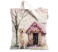 Borsa tote in tela con cane labrador retriever primaverile per lo shopping, 33 x 38 cm, divertente borsa della spesa con motivo floreale riutilizzabile per donne, lavoro per animali domestici, viaggi