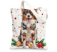 Borsa tote in tela con cane pastore australiano natalizio, per lo shopping, 33 x 38 cm, divertente borsa della spesa riutilizzabile per donne, lavoro e viaggi, decorazione regalo