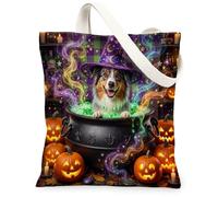 Borsa tote in tela con cane pastore australiano per lo shopping, 33 x 38 cm, calderone per le vacanze, borsa a tracolla riutilizzabile per donne, pittura di streghe, decorazione regalo