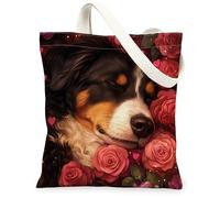 Borsa tote in tela con cane pastore australiano per lo shopping, 33 x 38 cm, per San Valentino, romantiche rose, borsa della spesa riutilizzabile per donne, decorazione regalo da viaggio per animali