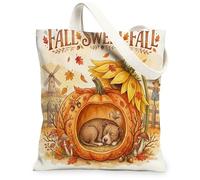 Borsa tote in tela con cane Pitbull, autunnale, per lo shopping, 33 x 38 cm, con zucca di campagna autunnale, girasole, riutilizzabile, per donne, fattoria, spiaggia, pittura estetica, decorazione