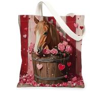 Borsa tote in tela con cavalli per lo shopping, 33 x 38 cm, per San Valentino, motivo scozzese a forma di cuore, riutilizzabile, per donne, lavoro, viaggio, decorazione regalo