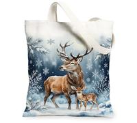 Borsa tote in tela con cervi e cerbiatti ad acquerello, 33 x 38 cm | Acquerello scena della foresta, fiocchi di neve, fauna selvatica, arte della natura, accessorio per la casa stagionale