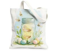 Borsa tote in tela con cicale primaverili pasquali per la spesa, 33 x 38 cm, borsa riutilizzabile per la spesa con uova in barattolo di vetro, borsa della spesa per donne, motivo viaggio con insetti