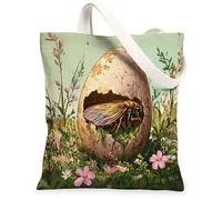 Borsa tote in tela con cicale primaverili pasquali per lo shopping, 33 x 38 cm, fantasia floreale uova, borsa della spesa riutilizzabile per donne, motivo viaggio con insetti, decorazione regalo