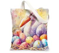 Borsa tote in tela con cicogne pasquali primaverili per lo shopping, 33 x 38 cm, borsa a tracolla riutilizzabile con uova carine per la spesa da donna, decorazione regalo con pittura con animali