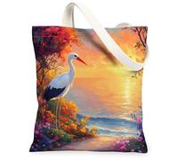 Borsa tote in tela con cicogne primaverili per lo shopping, 33 x 38 cm, borsa della spesa riutilizzabile con paesaggio marino floreale per donne, motivo viaggio con animali, decorazione regalo