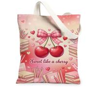 Borsa tote in tela con ciliegie da donna, graziosa e giocosa con fiocco e cuori, pesca primaverile, lavabile, riutilizzabile, piccola borsa tote idea per shopping, viaggi, ufficio, biblioteca, casual