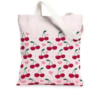 Borsa tote in tela con ciliegie da donna, simpatica borsa per la spesa con cuori e foglie estive, lavabile, riutilizzabile, idea per familiari, amici, colleghi, lettura di amori, 33 x 38 cm