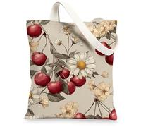 Borsa tote in tela con ciliegie floreali, motivo vintage ciliegie, riutilizzabili, con tracolla leggera e lavabile, per palestra, viaggi, spiaggia, picnic, 33 x 38 cm