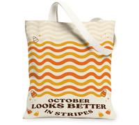 Borsa tote in tela con citazione autunnale Candy Corn per Halloween, 33 x | Motivo a righe ondulate, tema autunnale stagionale, citazione tipografica giocosa, accessorio casual