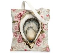 Borsa tote in tela con conchiglie di ostriche per lo shopping, 33 x 38 cm, per San Valentino, con rose vintage, riutilizzabile, per donne, lavoro, viaggio, decorazione regalo