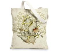 Borsa tote in tela con conchiglie, ispirata all'oceano, leggera, lavabile, per spiaggia, viaggi, generi alimentari, 33 x 38 cm