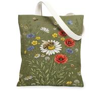 Borsa tote in tela con crisantemo da donna, motivo botanico con api e papaveri, verde primavera, lavabile, riutilizzabile, per tutti i giorni, idea per familiari, amici, colleghi, lettura di amori, 33