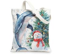 Borsa tote in tela con delfini natalizi per lo shopping, 33 x 38 cm, simpatica borsa della spesa riutilizzabile per donne, motivo marinaro da viaggio, decorazione regalo