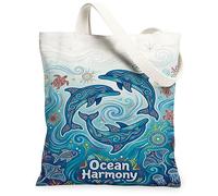 Borsa tote in tela con delfino, da donna, con tartaruga colorata oceano, blu, lavabile, riutilizzabile, idea per familiari, amici, colleghi, lettura di amori, 33 x 38 cm